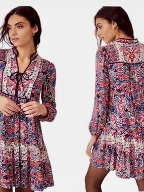 3x Anthropologie. Bohemian Floral Tie-Neck Mini Dress